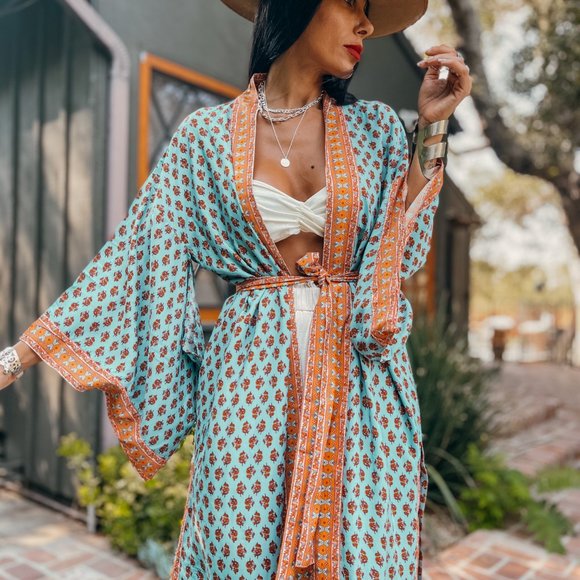 Boho Paisley Bohemian Romantic Turquoise Kimono - Picture 4 of 10